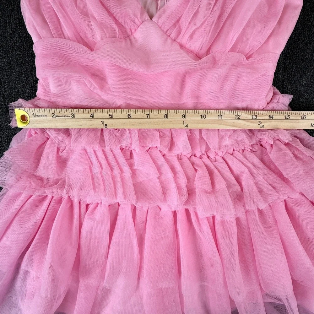 Lulus Pink Tulle Mini Dress Ruched V-Neck Tiered Ruffle Party Dress Womens Med - Picture 5 of 12